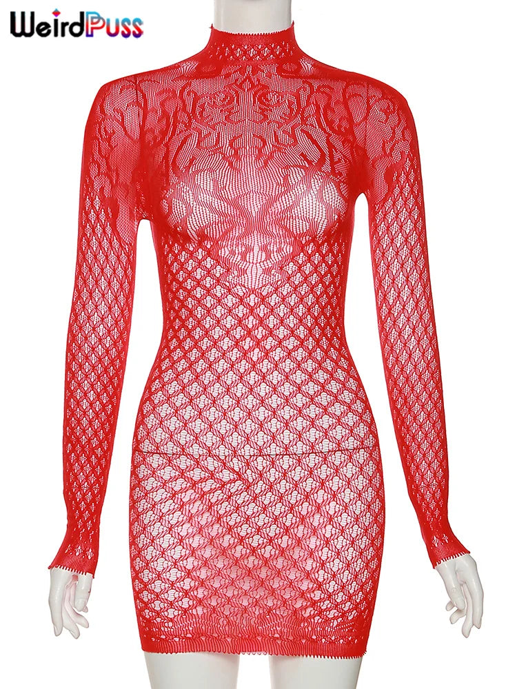 Weird Puss Sexy Women Dress See Through Long Sleeve Prom Coquette Backless Chic Pattern Mini Bodycon Midnight Party Clubwear