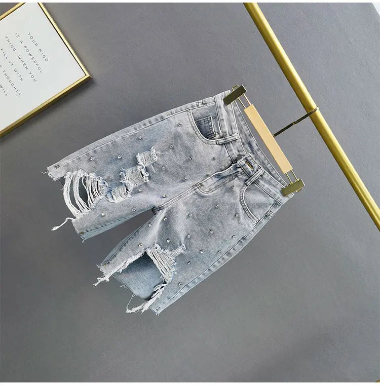 European ripped denim jeans 2025 summer new high-waist slim and heavy industry loose slimming five-point jeans
