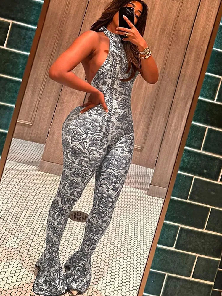 Weird Puss Backless Jumpsuit Women Sexy Summer Sleeveless Tight Arabesques Midnight Stretch Peach Buttocks Streetwear Overalls