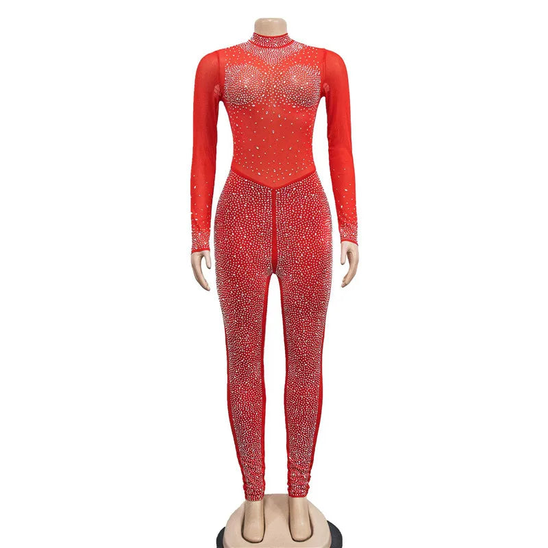 High Quality 2022 Long Sleeve Skinny Sexy Diamonds Jumpsuits Women High Neck Mesh See Through Black Club Party Jumpsuit Rompers