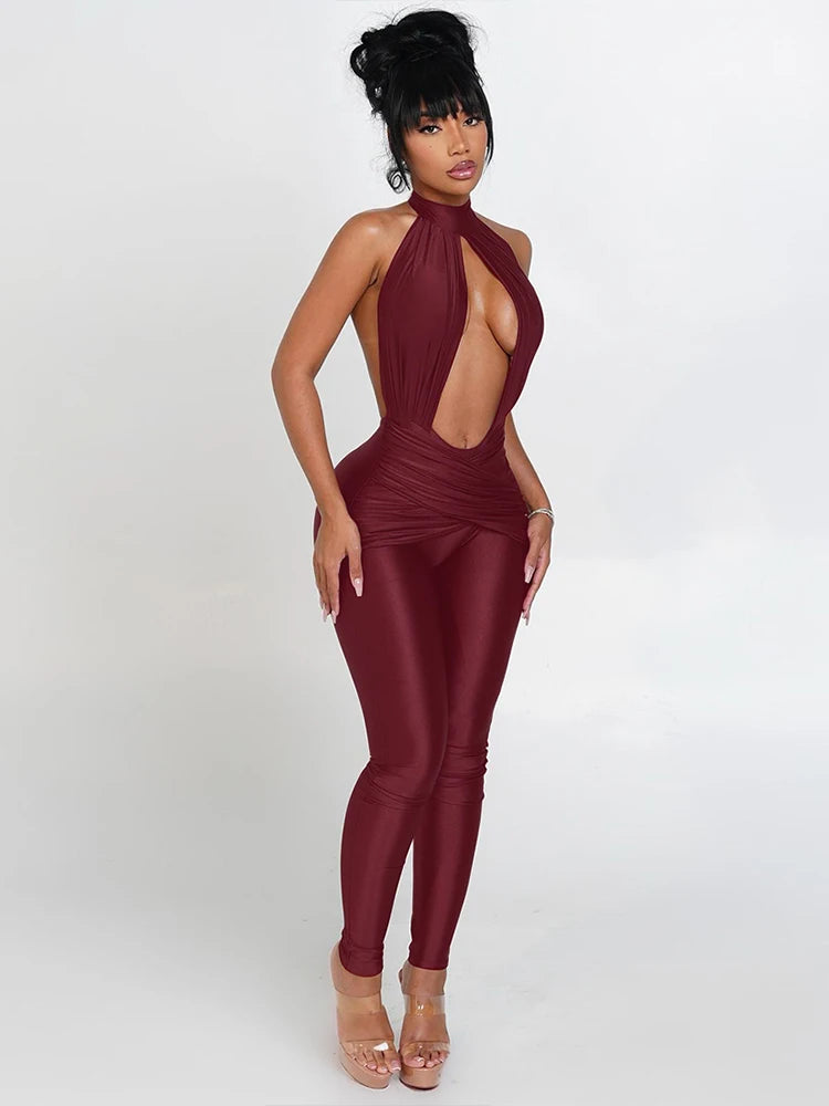 Weird Puss Halter Backless Jumpsuit Woman Sexy Hollow Fit Patchwork Waist Ruched Midnight Activity Workout Streetwear Overalls