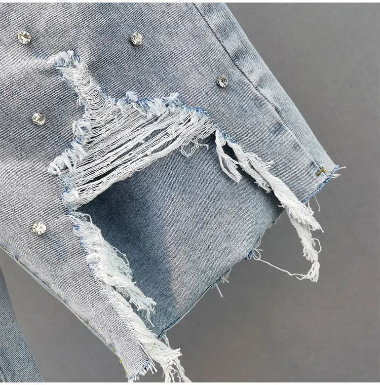 European ripped denim jeans 2025 summer new high-waist slim and heavy industry loose slimming five-point jeans