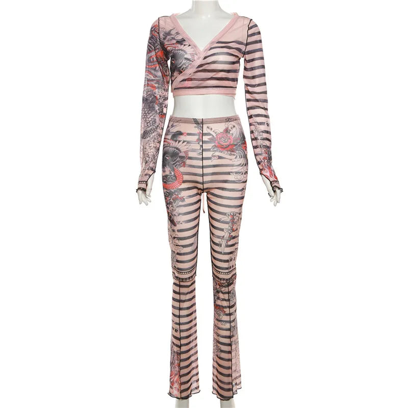 Women 2 Piece Stripped Print Mesh Cropped Shirts Tops Leggings Sets Lace Up Low-cut Top High Waist Pants Party Two Piece Outfits