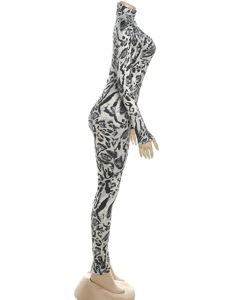Nibber Peach Hip Leopard Print Jumpsuit Woman Autumn Trend Turtleneck Full Sleeve Skinny Hottie Midnight Sexy Fashion Overalls