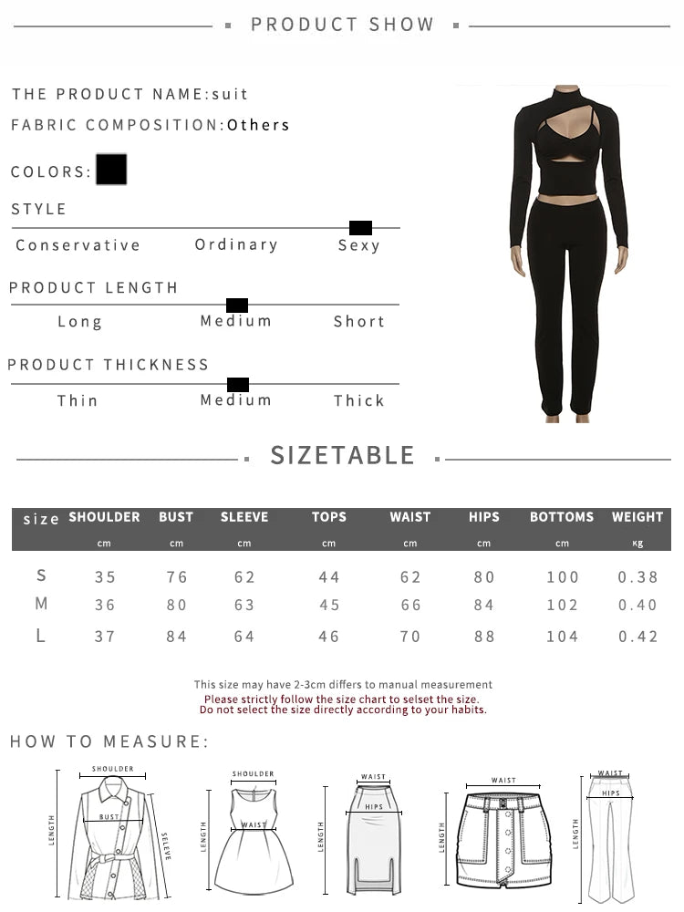 Weird Puss Sexy Hipster 3 Piece Set Woman Camisole+Turtleneck Hollow Full Sleeve Crop Tops+Pants Street Stretch Street Outfits