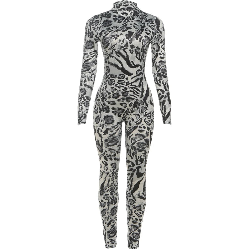 Nibber Peach Hip Leopard Print Jumpsuit Woman Autumn Trend Turtleneck Full Sleeve Skinny Hottie Midnight Sexy Fashion Overalls