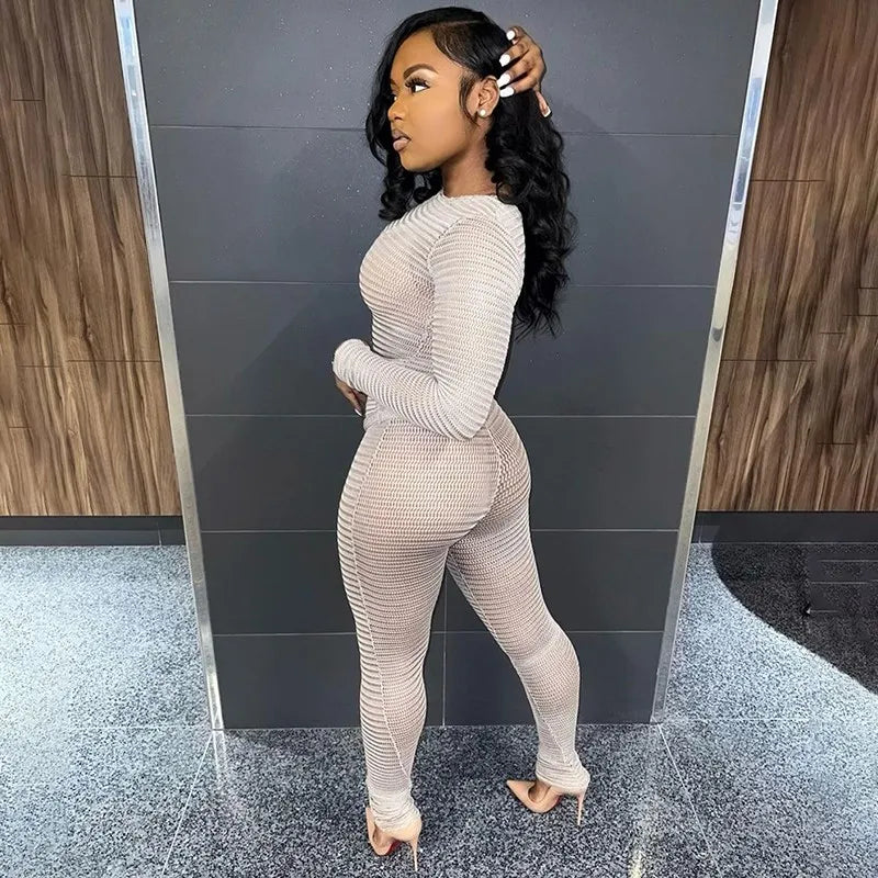 Weird Puss See Through Women 2 Piece Set Thin Sexy Long Sleeve Crop Tops+Leggings Matching Solid Summer Fashion Stretch Clubwear