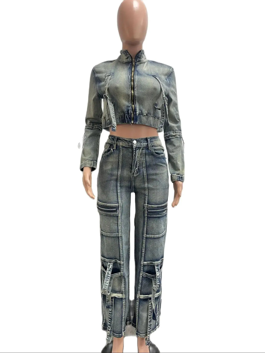Denim Cropped Jackets 2 Piece Pant Set Sexy Outfits Y2K Streetwear 2024 Women Fall Winter Clothes Denim Jean Pant Two Piece Sets