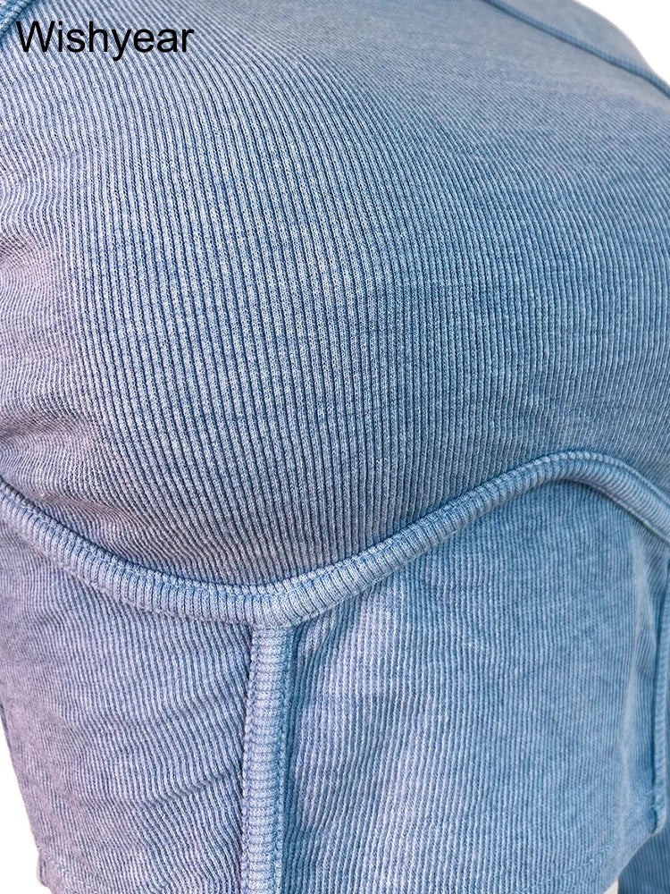 Fitness Blue Knitted Ribbed Street Jogging Tracksuits Women's Long Sleeve Crop Tops and Pants Two 2 Piece Sets Birthday Outfits