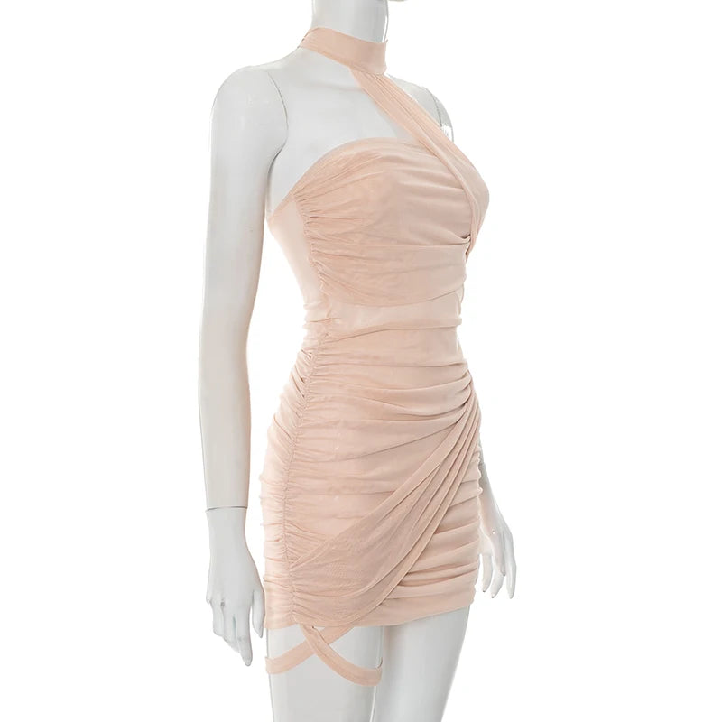 CUTENOVA Women'S Solid Color Mesh Patchwork Hanging Neck Backless Strapless Asymmetric Shrinking Pleated Package Hip Short Dress