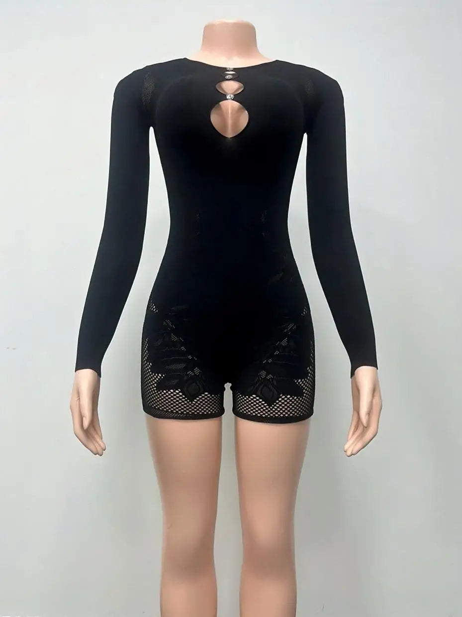 Weird Puss Hollow Rhinestone Women Sexy Romper Coquette Hottie Trend Skinny Midnight Club Party Full Sleeve Stretch Playsuit