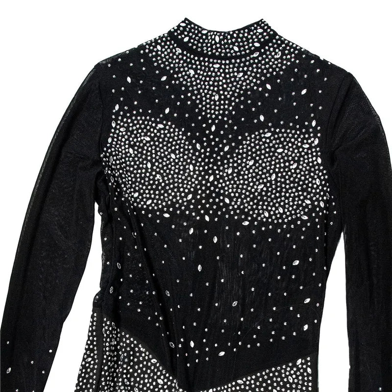 High Quality 2022 Long Sleeve Skinny Sexy Diamonds Jumpsuits Women High Neck Mesh See Through Black Club Party Jumpsuit Rompers