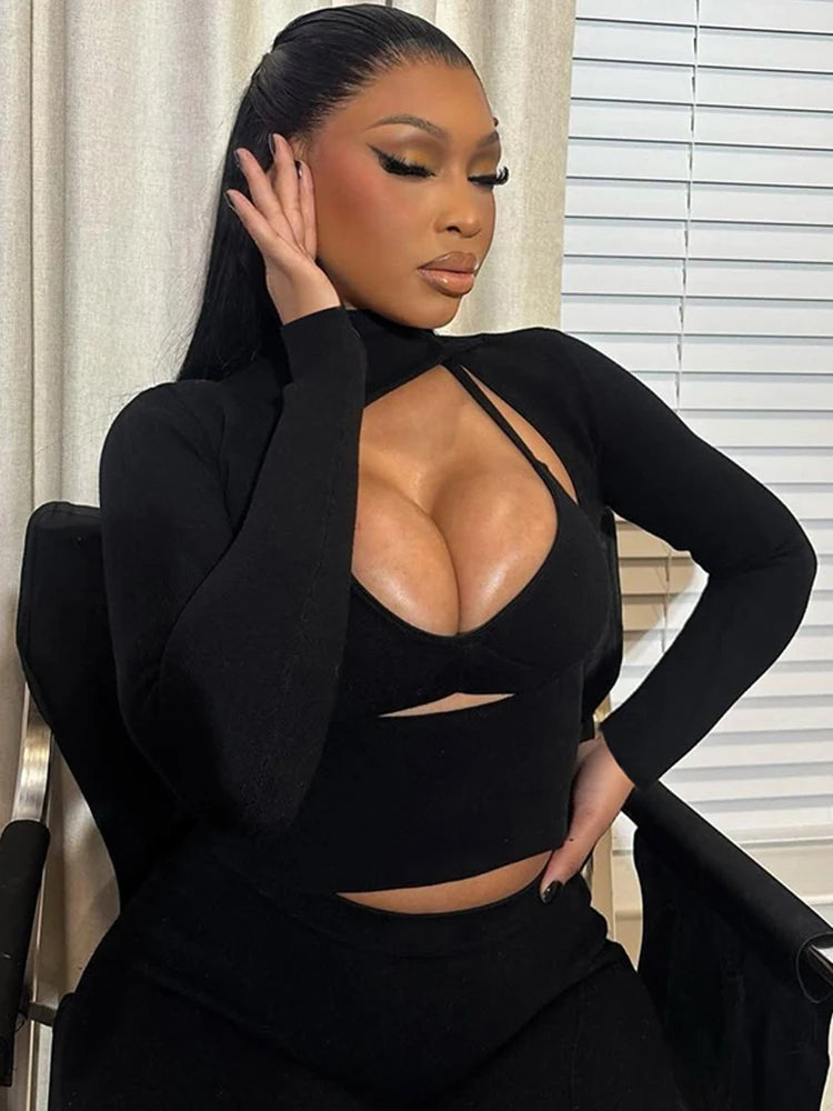 Weird Puss Sexy Hipster 3 Piece Set Woman Camisole+Turtleneck Hollow Full Sleeve Crop Tops+Pants Street Stretch Street Outfits