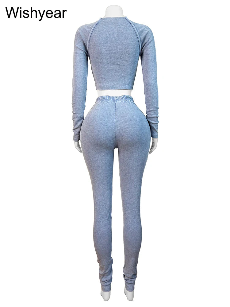 Fitness Blue Knitted Ribbed Street Jogging Tracksuits Women's Long Sleeve Crop Tops and Pants Two 2 Piece Sets Birthday Outfits