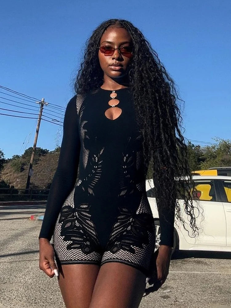 Weird Puss Hollow Rhinestone Women Sexy Romper Coquette Hottie Trend Skinny Midnight Club Party Full Sleeve Stretch Playsuit