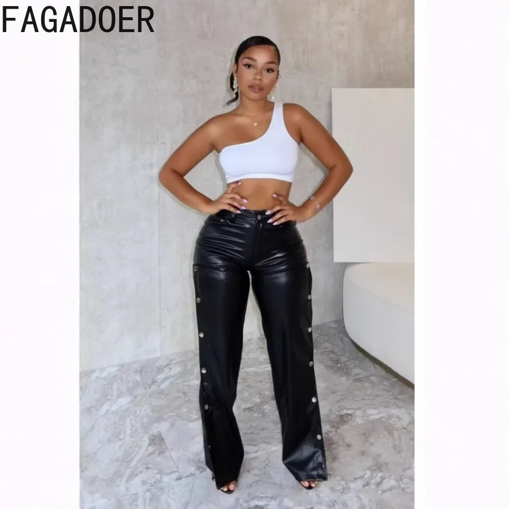 FAGADOER Leather Straight Pants For Women Y2k Streetwear Black Hollow Out Buttons Patchwork Pants Female Bottoms 2025 Spring New