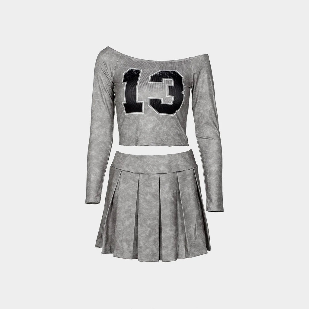 Weird Puss 2-Piece Set Women One Shoulder Long Sleeves Letter Print Biased Collar Crop Tops+Pleated Skirt Street Matching Suits