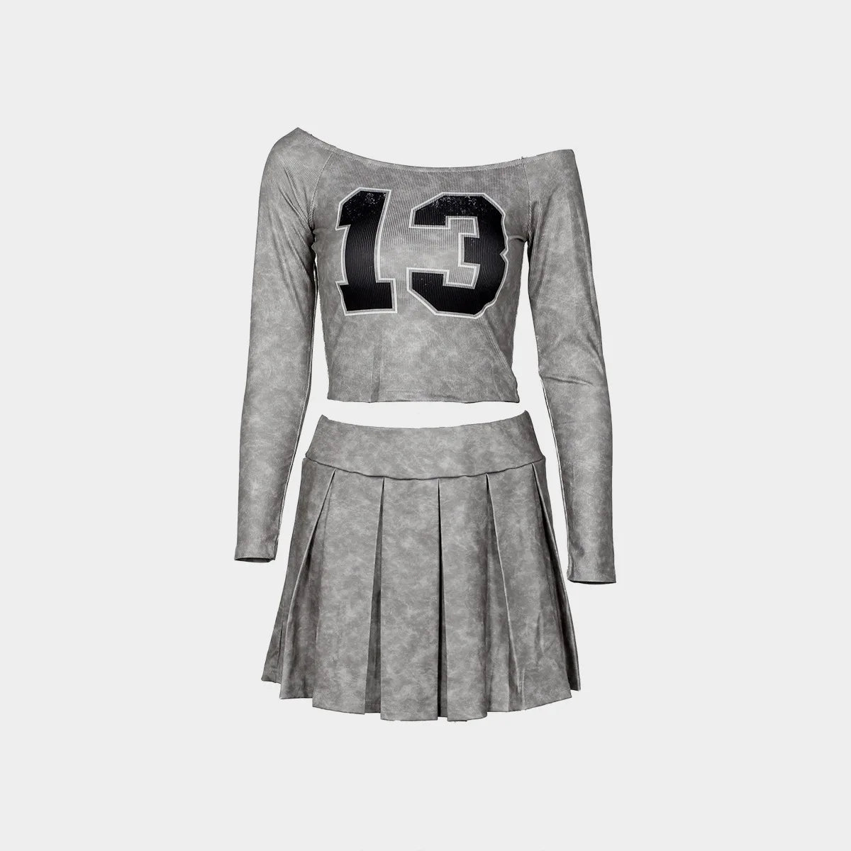 Weird Puss 2-Piece Set Women One Shoulder Long Sleeves Letter Print Biased Collar Crop Tops+Pleated Skirt Street Matching Suits