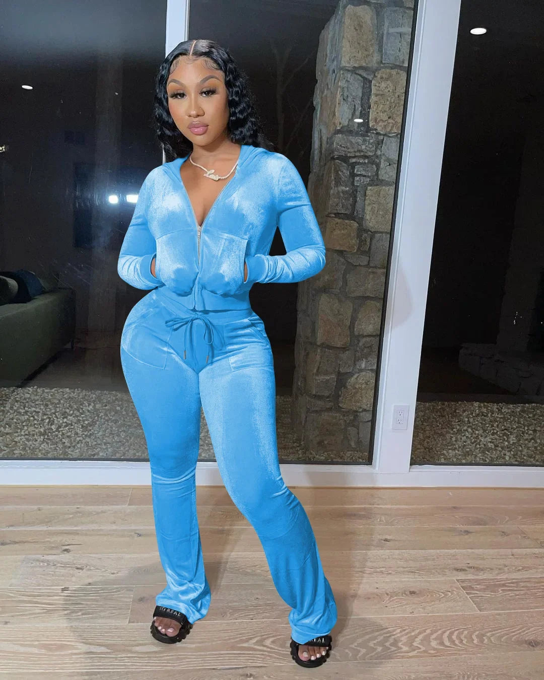 Fashion Trend Gold Velvet Pocket Hoodie Zipper Sweater Wide Leg Pants Two-piece Women's Suit