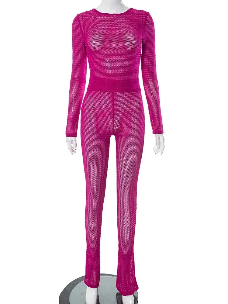 Weird Puss See Through Women 2 Piece Set Thin Sexy Long Sleeve Crop Tops+Leggings Matching Solid Summer Fashion Stretch Clubwear