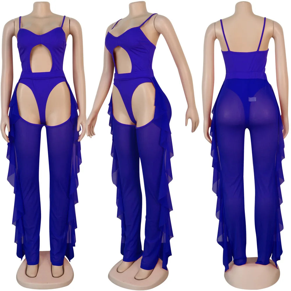 Weird Puss Summer 2 Piece Set Women Sexy Hollow See Through Bodysuit Top+Ruffles Pants Vacation Beach Matching Clubwear Outfits