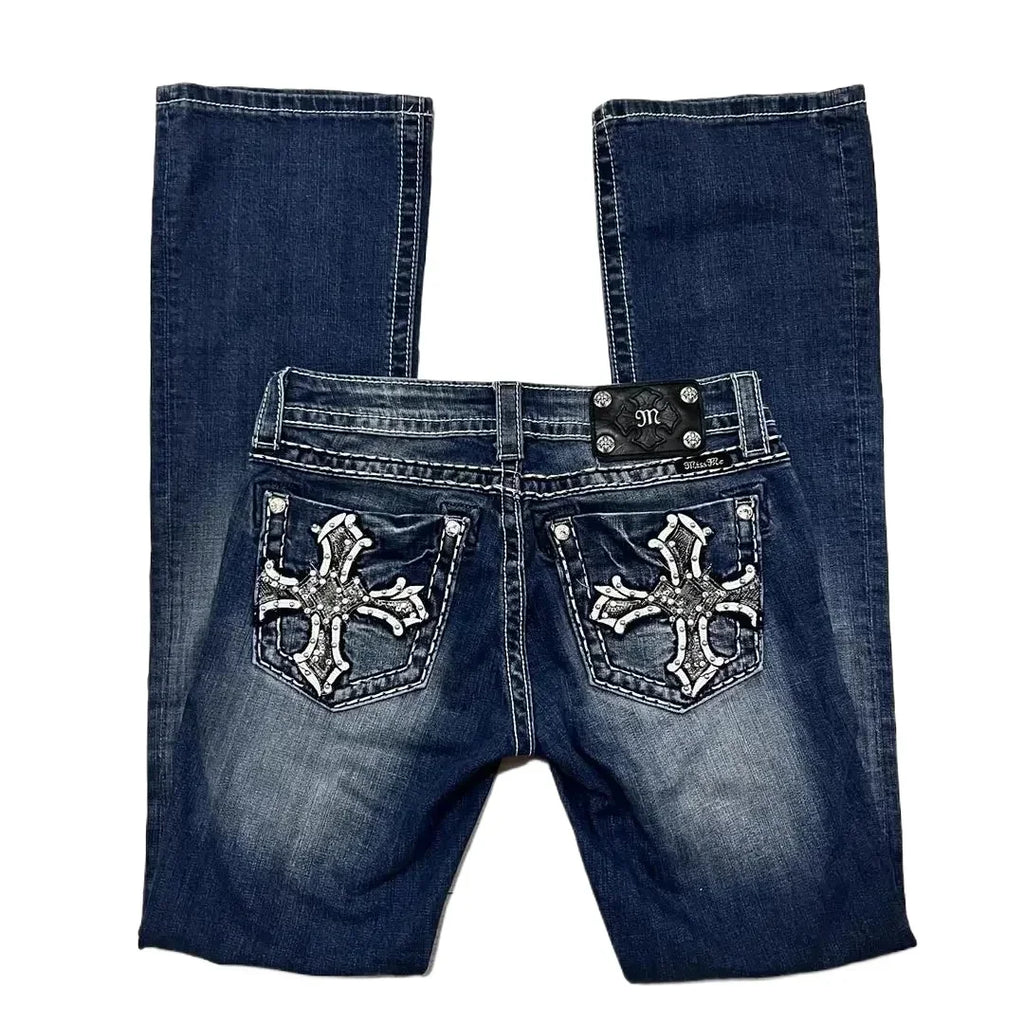 Hip Hop Harajuku Wide Pants Y2K New Gothic Revival Mens Jeans Foliage Bootcut Women Blue Denim Embroidery Pocket Streetwear