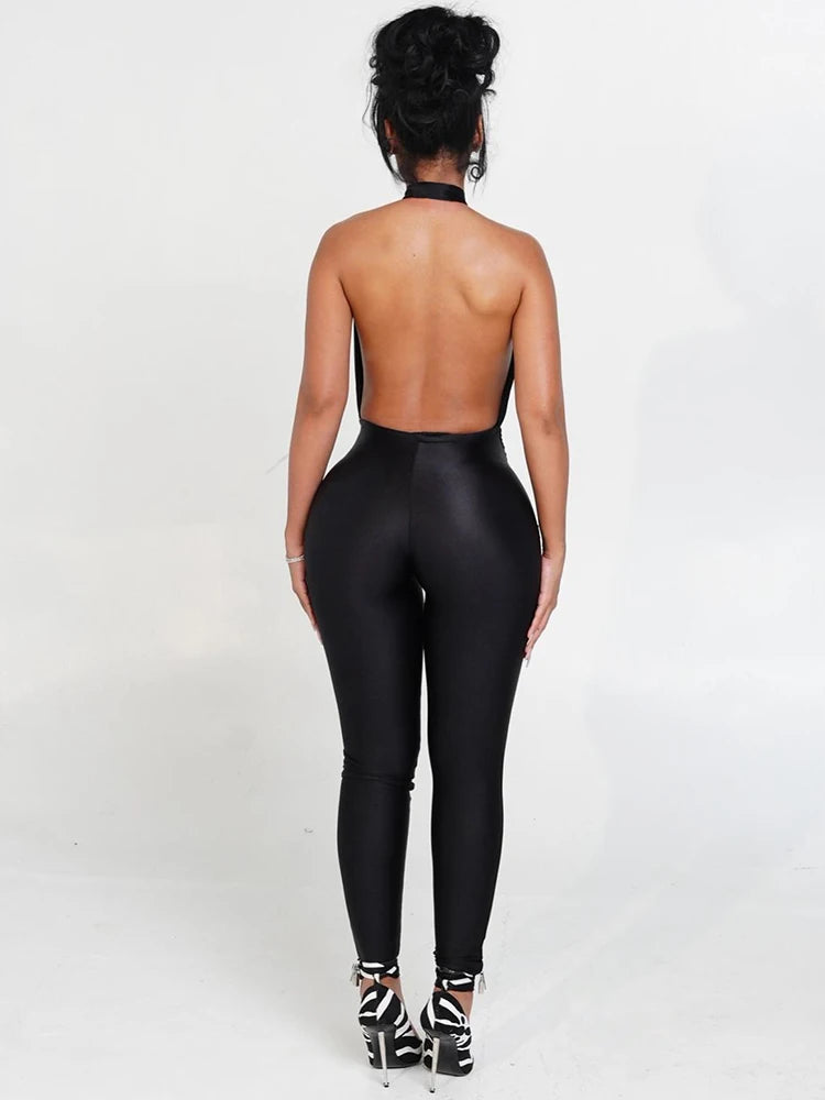 Weird Puss Halter Backless Jumpsuit Woman Sexy Hollow Fit Patchwork Waist Ruched Midnight Activity Workout Streetwear Overalls