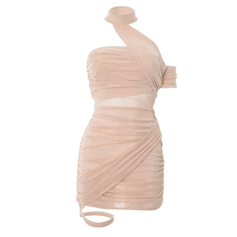 CUTENOVA Women'S Solid Color Mesh Patchwork Hanging Neck Backless Strapless Asymmetric Shrinking Pleated Package Hip Short Dress
