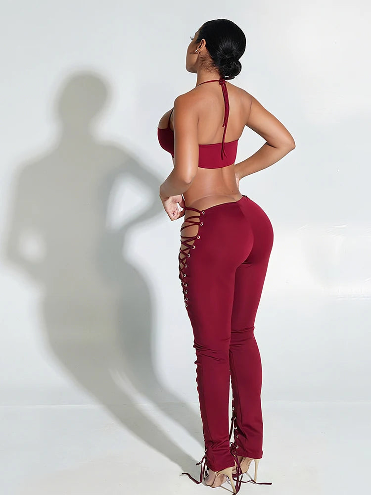 Weird Puss Sexy 2piece Set Women Hipster Halter Camisole+Shirring Hollow Pants Midnight Matching Stretch Clubwear Skinny Outfits
