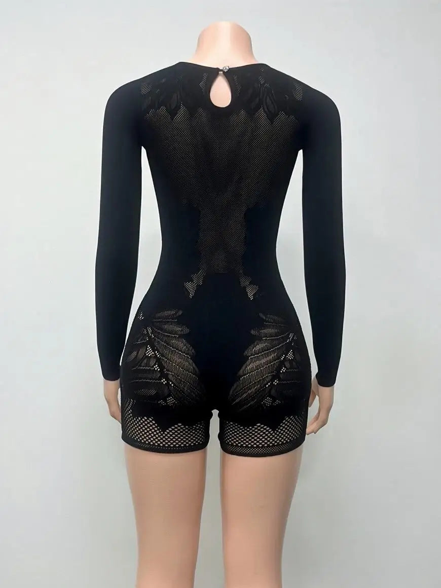 Weird Puss Hollow Rhinestone Women Sexy Romper Coquette Hottie Trend Skinny Midnight Club Party Full Sleeve Stretch Playsuit