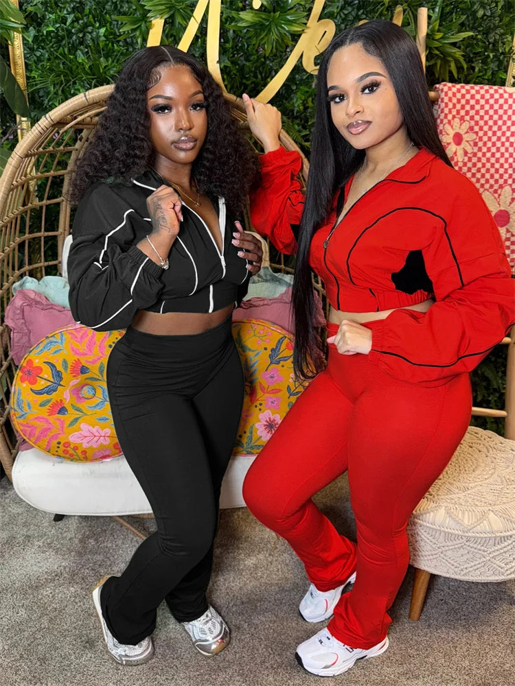 Weird Puss Casual 2 Piece Set Women Tracksuit Patchwork Full Sleeve Zip Elastic Hem Crop Jacket+Flared Pants Sporty Streetwear