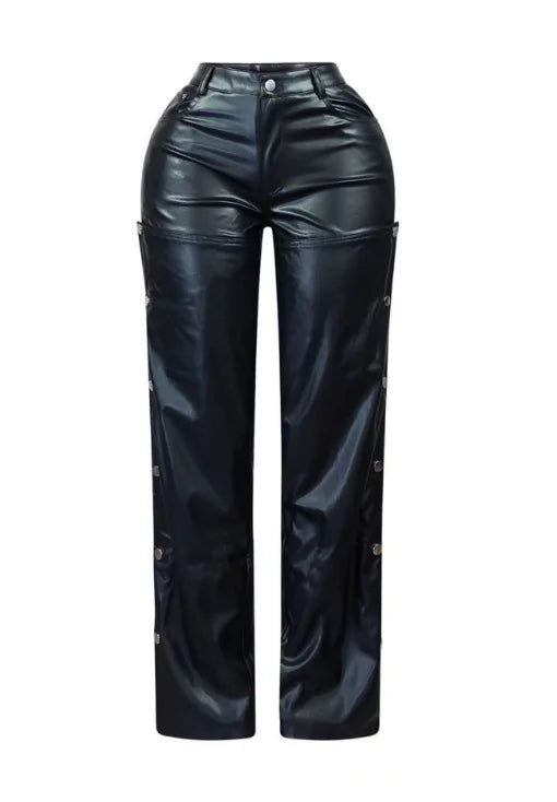 FAGADOER Leather Straight Pants For Women Y2k Streetwear Black Hollow Out Buttons Patchwork Pants Female Bottoms 2025 Spring New