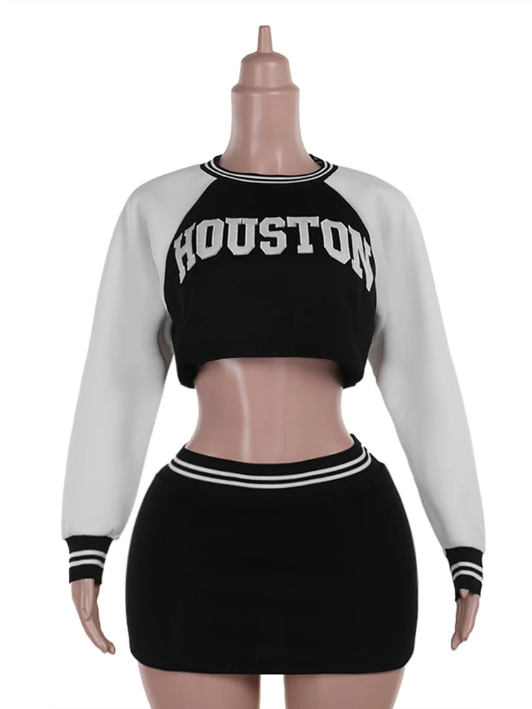 Weird Puss Letter Embroidered 2 Piece Set Women Tracksuit Patchwork Full Sleeve Crop Tops+Peach Hip Skirts Stretch Matching Suit