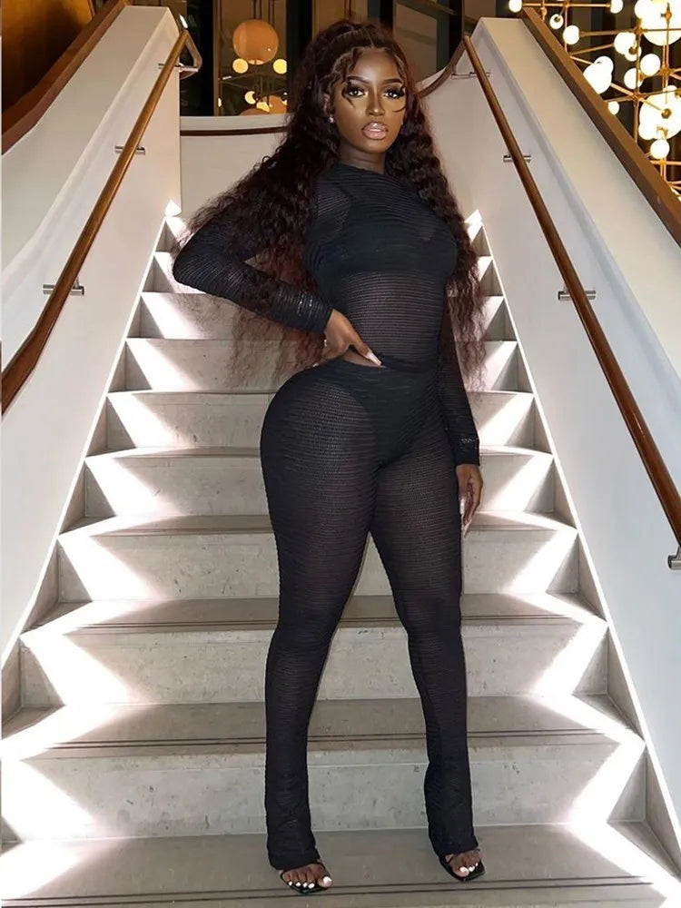 Weird Puss See Through Women 2 Piece Set Thin Sexy Long Sleeve Crop Tops+Leggings Matching Solid Summer Fashion Stretch Clubwear