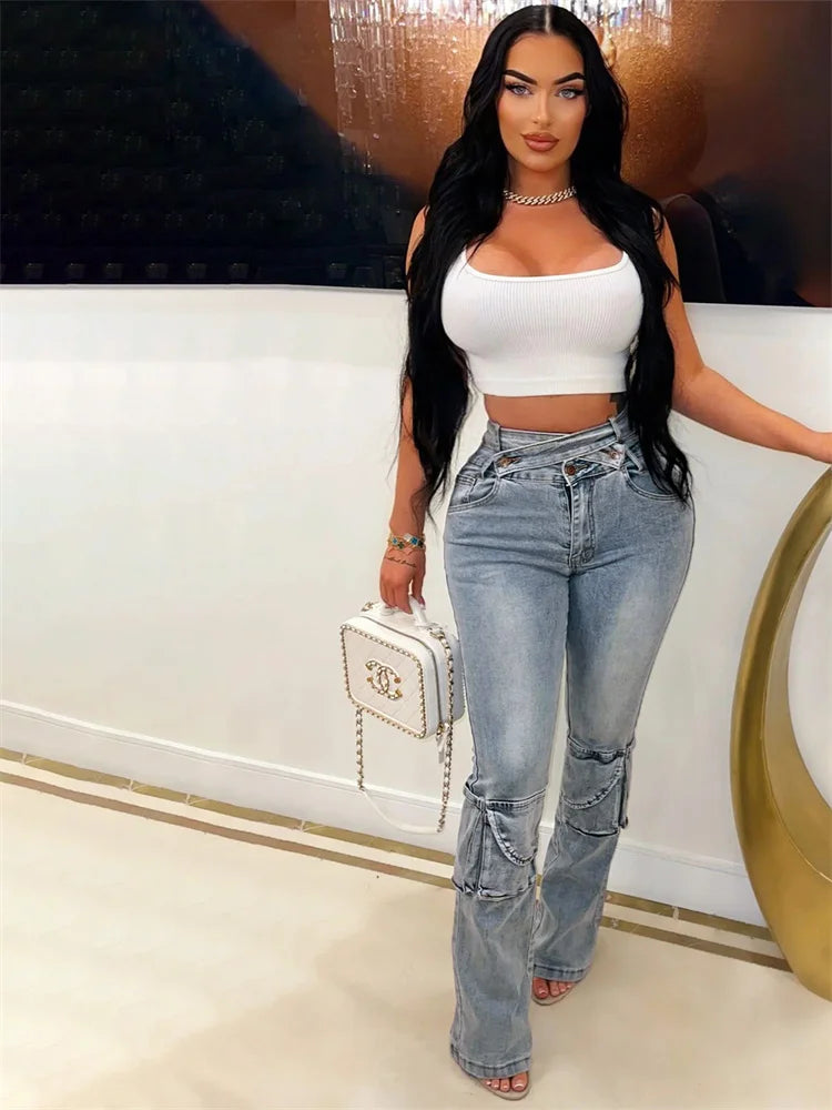 Weird Puss Distressed Irregular Jeans Women Button Zipper Waist Multiple Pockets Autumn Trend Skinny Stretch Streetwear Bottoms