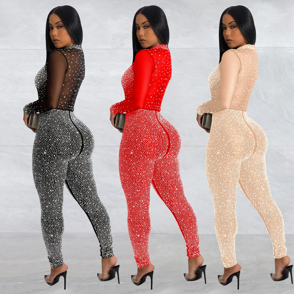 High Quality 2022 Long Sleeve Skinny Sexy Diamonds Jumpsuits Women High Neck Mesh See Through Black Club Party Jumpsuit Rompers