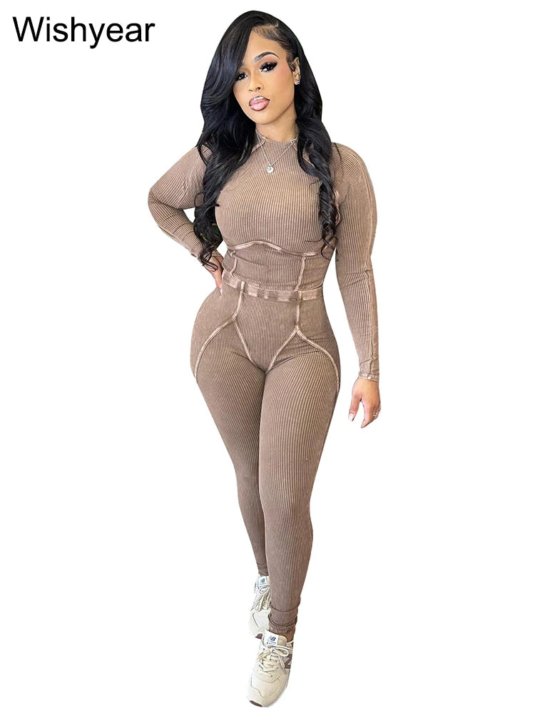Fitness Blue Knitted Ribbed Street Jogging Tracksuits Women's Long Sleeve Crop Tops and Pants Two 2 Piece Sets Birthday Outfits