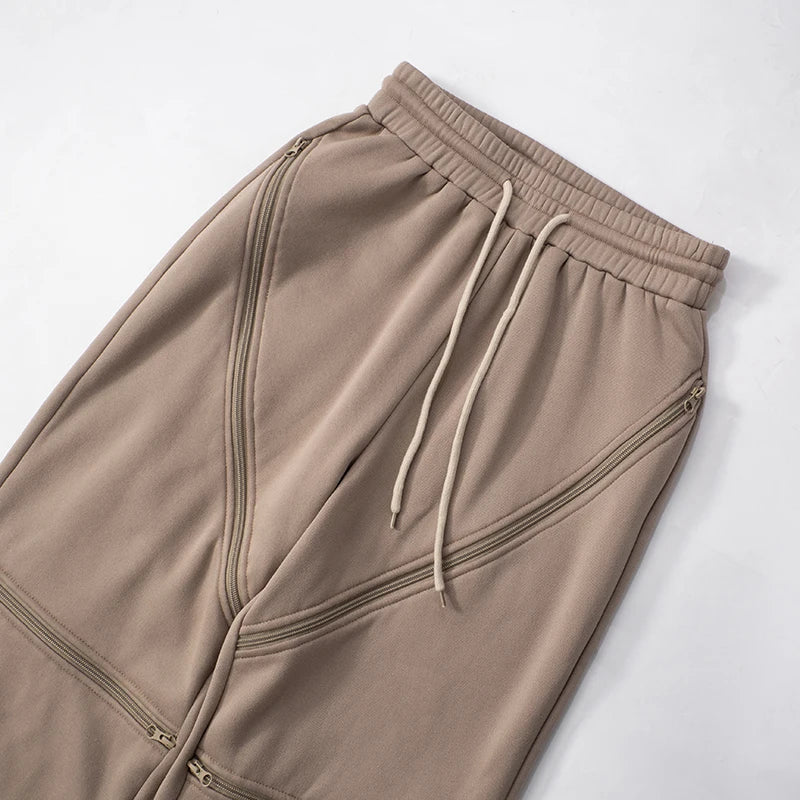 Weird Puss Zip Patchwork Pants Women Casual Sporty Solid Chic Devise Irregular Spring Fashion Basic Hipster Wide-Leg Trousers