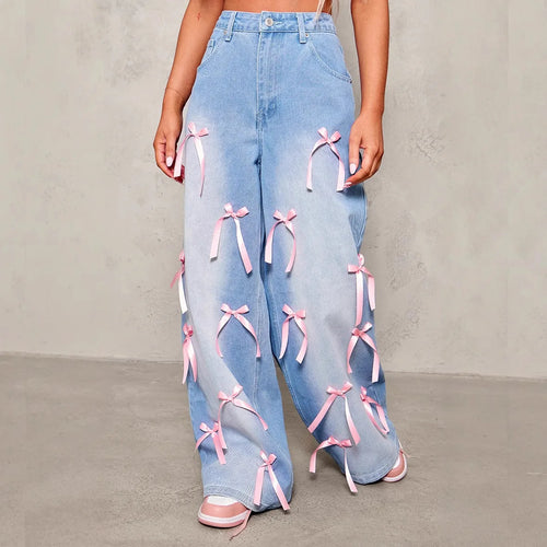 2025 Europe America Y2K Bow High Waist Wide Leg Jeans Women Street Fashion Loose Denim Pants Retro Vintage Casual Trousers
