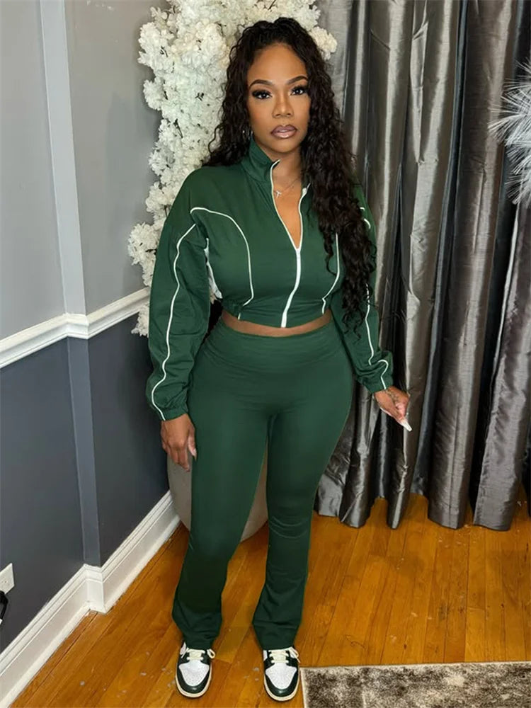 Weird Puss Casual 2 Piece Set Women Tracksuit Patchwork Full Sleeve Zip Elastic Hem Crop Jacket+Flared Pants Sporty Streetwear