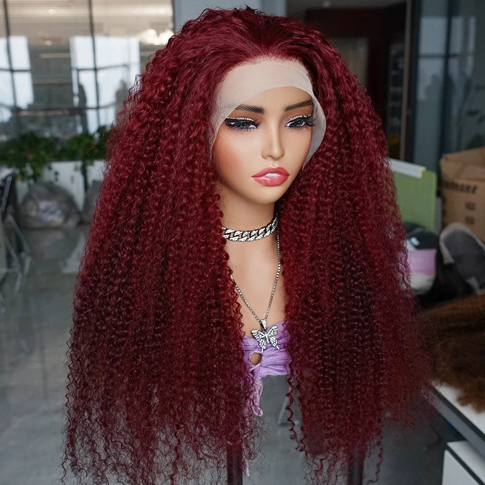 300% Density Kinky Curly 99J Burgundy Colored Human Hair Wig Pre-plucked Transparent Lace Front Wigs Baby Hair Color Wigs