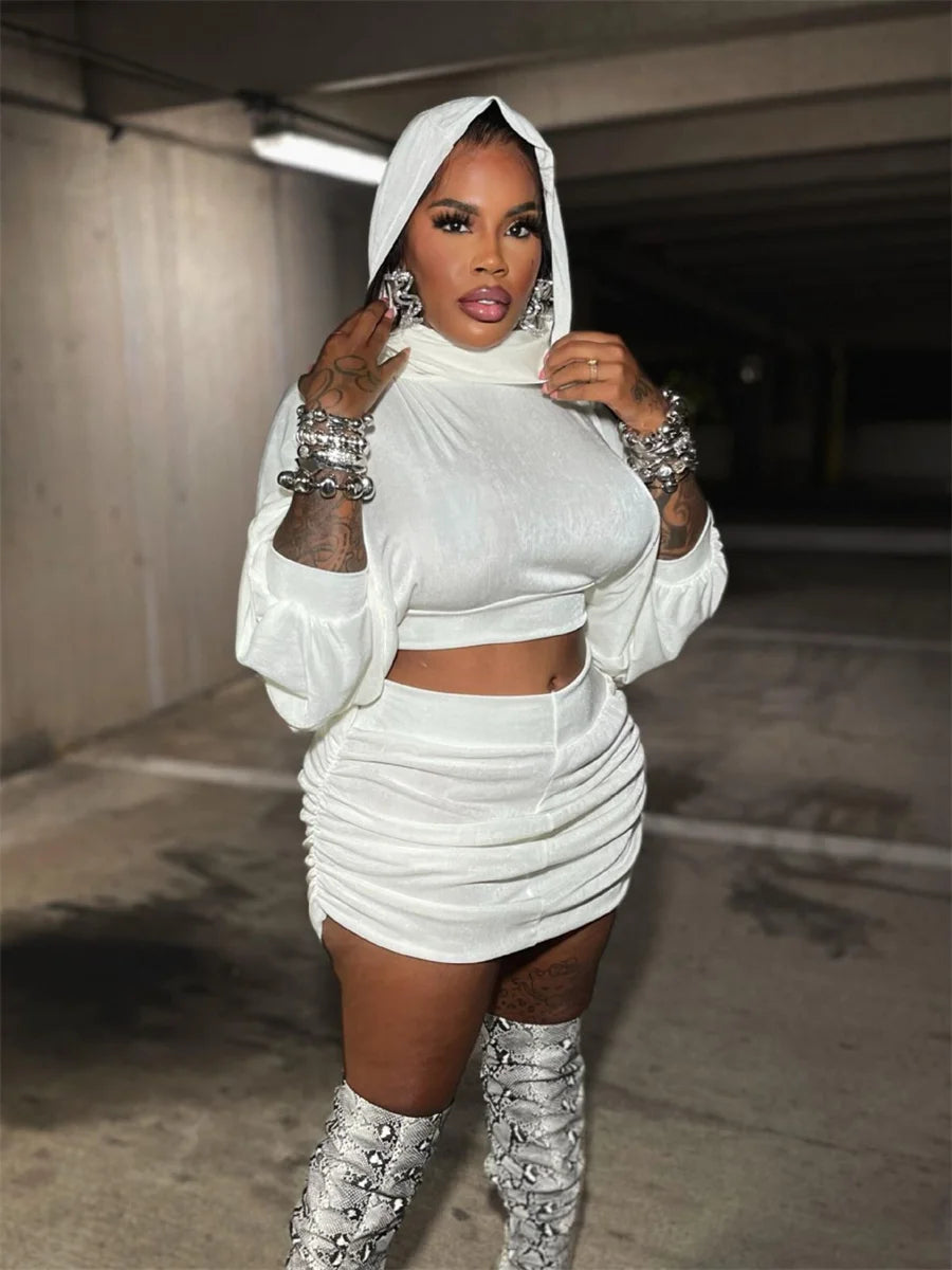 Weird Puss Sexy Hooded 2 Piece Set Women Basic Lantern Sleeves Crop Tops+Ruched Peach Buttocks Skirt Stretch Party Club Bodycon