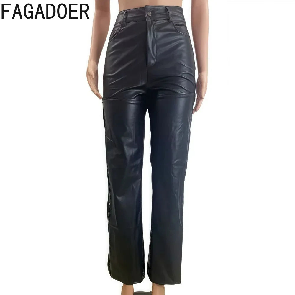 FAGADOER Leather Straight Pants For Women Y2k Streetwear Black Hollow Out Buttons Patchwork Pants Female Bottoms 2025 Spring New