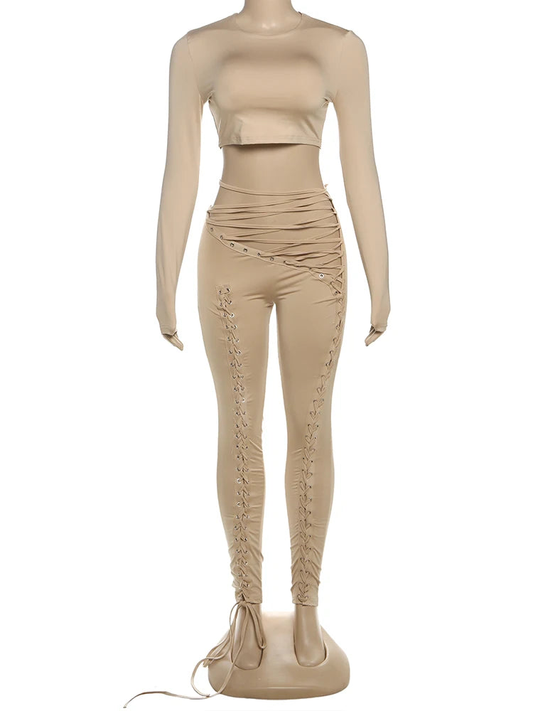 Weird Puss Sexy Women 2 Piece Set Casual Tracksuit Full Fall Crop Tops+Shirring Irregular Pants Stretch Streetwear Skinny Suits