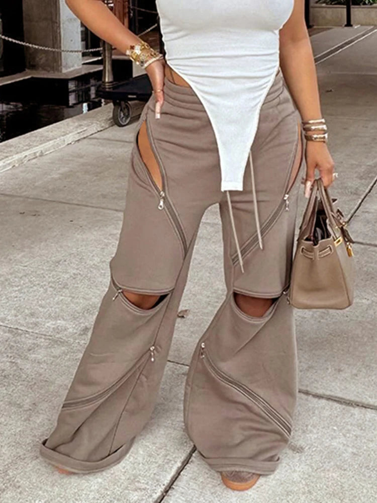 Weird Puss Zip Patchwork Pants Women Casual Sporty Solid Chic Devise Irregular Spring Fashion Basic Hipster Wide-Leg Trousers