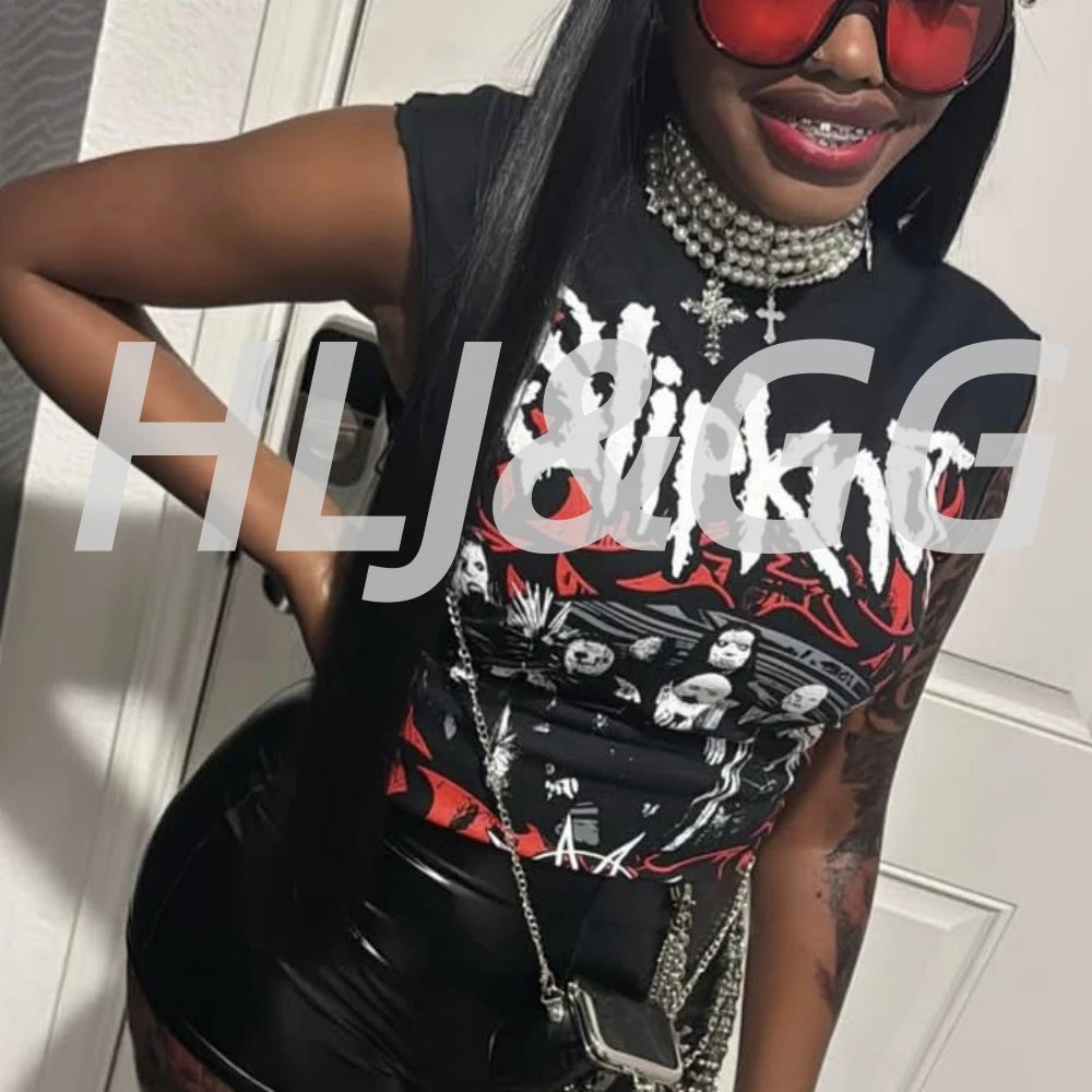 HLJ&GG Fashion Street Letter Print Tshirts Two Piece Sets Women O Neck Sleeveless Top And Shorts Outfits Y2K Female Streetwear