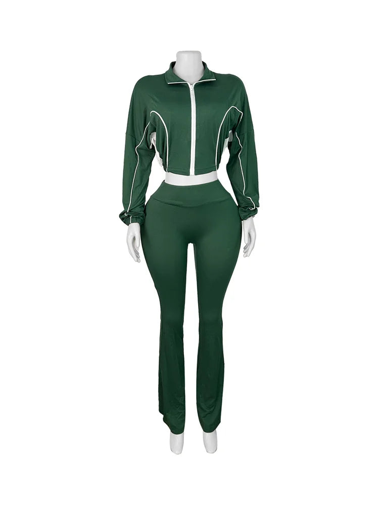 Weird Puss Casual 2 Piece Set Women Tracksuit Patchwork Full Sleeve Zip Elastic Hem Crop Jacket+Flared Pants Sporty Streetwear