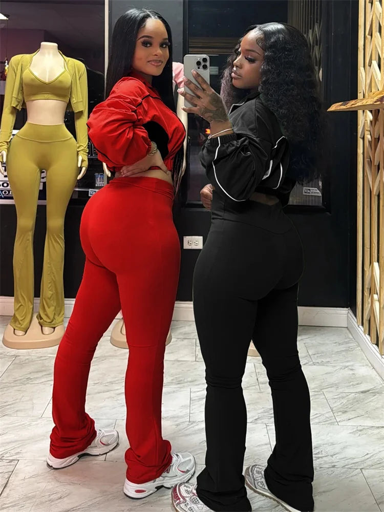 Weird Puss Casual 2 Piece Set Women Tracksuit Patchwork Full Sleeve Zip Elastic Hem Crop Jacket+Flared Pants Sporty Streetwear