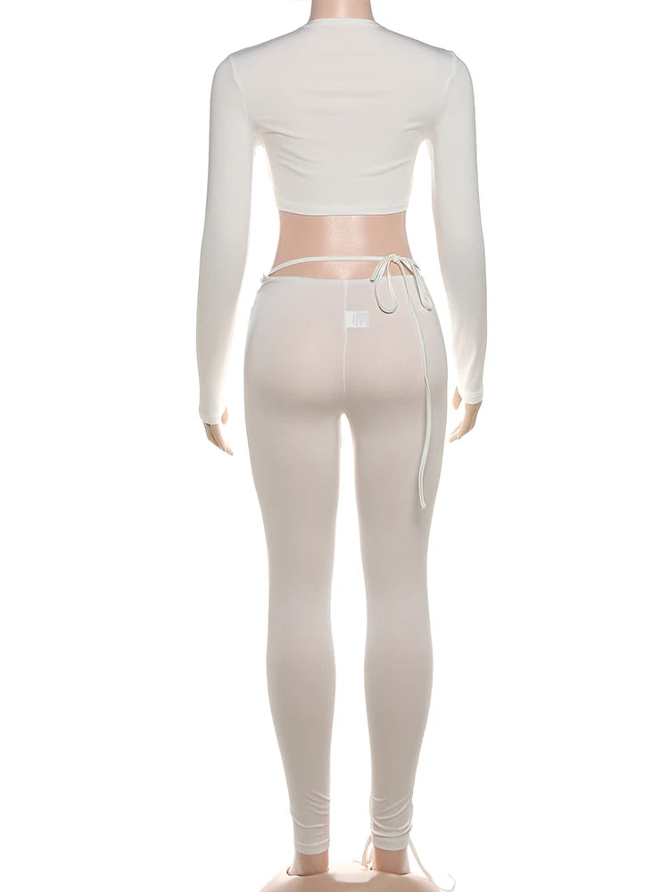 Weird Puss Sexy Women 2 Piece Set Casual Tracksuit Full Fall Crop Tops+Shirring Irregular Pants Stretch Streetwear Skinny Suits