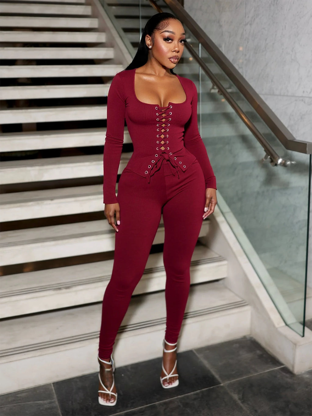 Weird Puss Hottie Tracksuits 2-Piece Set Women Shirring Square Collar Crop Top+Pants Matching Simple Sporty Stretch Slim Outfits
